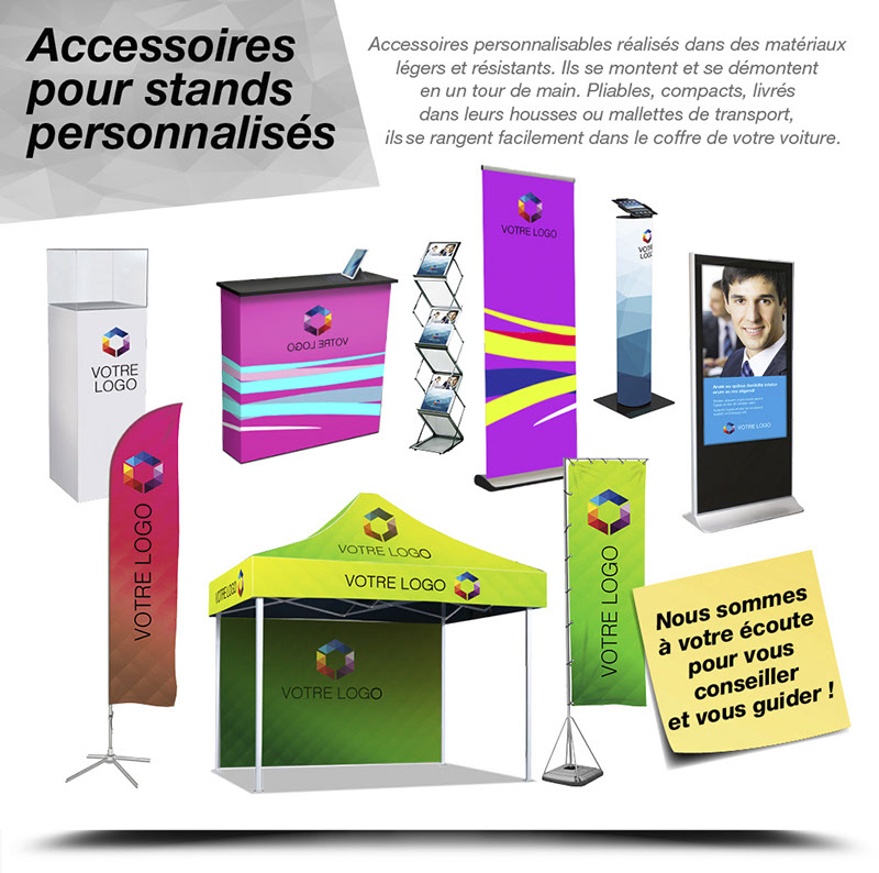 Communication événementielle, accessoires pour stands et supports de communication visuels et interactifs personnalisés.