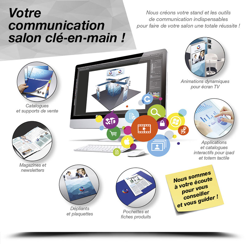 Communication événementielle, création de stands et supports de communication visuels et interactifs pour foires, salons, expositions…