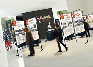 Conception et réalisation d’expositions temporaires, création de contenu, scénographie d’espace, aménagement. Création de supports de com.