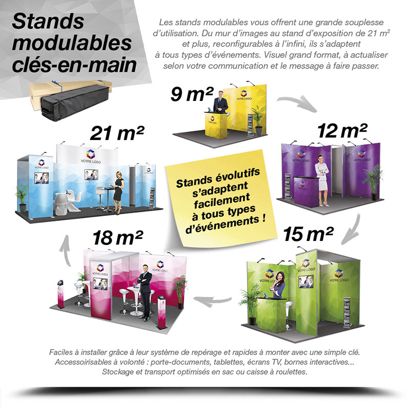 Communication événementielle, création de stands modulables et supports de communication pour foires, salons, expositions…