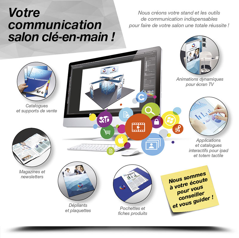 Communication événementielle, création de stands et supports de communication visuels et interactifs pour foires, salons, expositions…